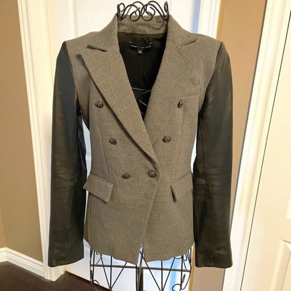 Generation Love Enzo Blazer with Leather Arms and Grey Wool Body. Sz XS EUC